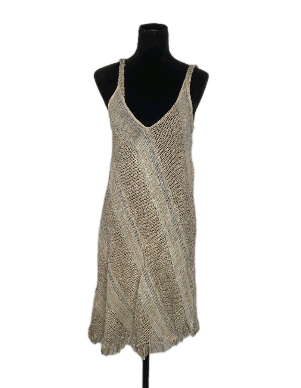 La Bottega Di Brunella Linen Open Knit Fringe Hem Slip Dress Italy Size M Boho